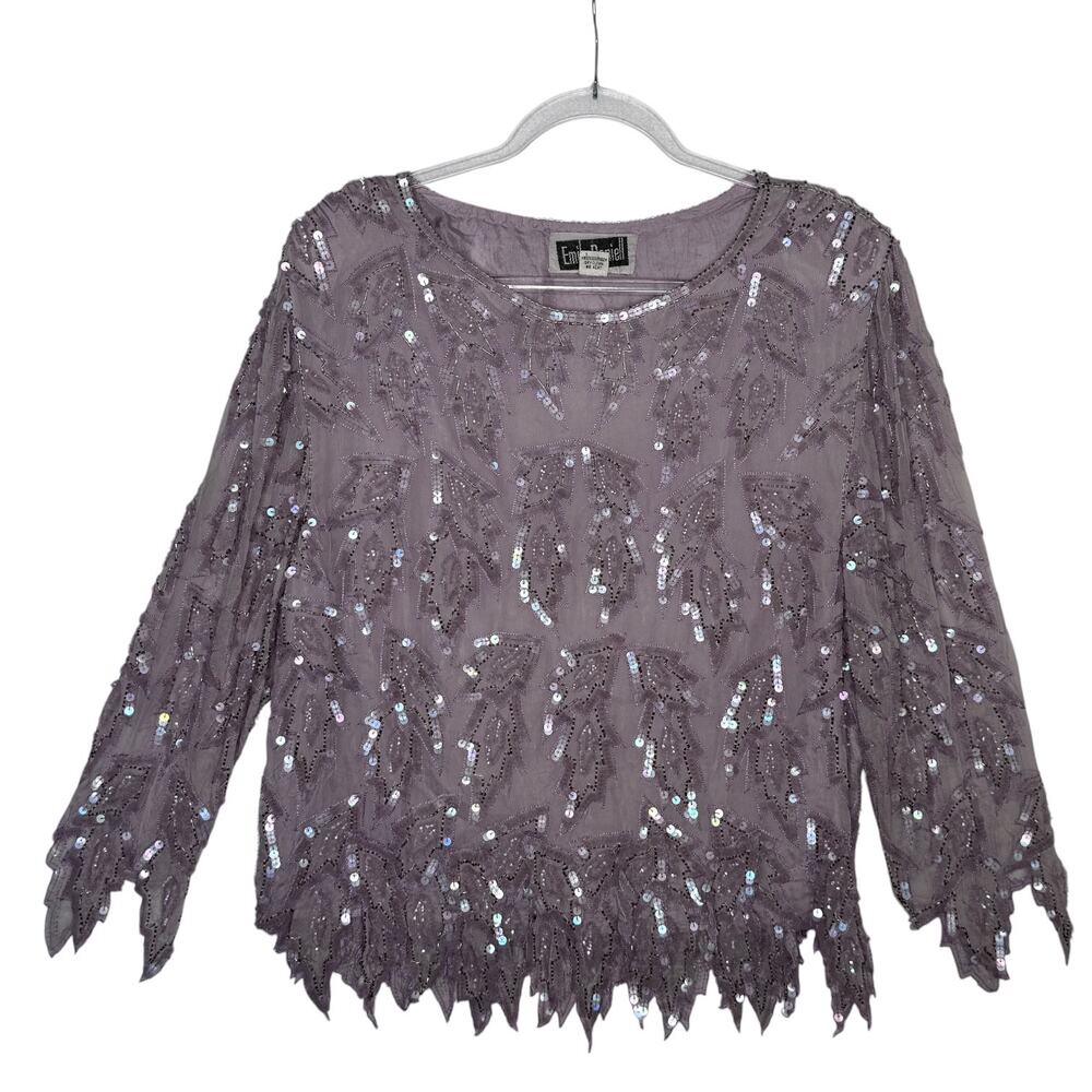 Vintage 1980s Emily Daniel Silk Beaded Sequin Leaf Hem Top Skirt Set Large - Picture 3 of 16